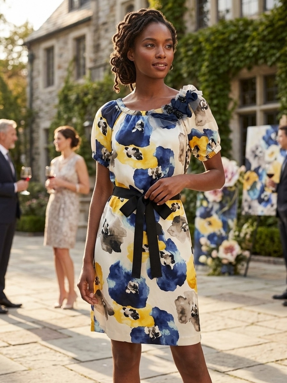 Simply Vera Wang Watercolor Floral Print Satin Puff Sleeve Belted Shift Dress XS
